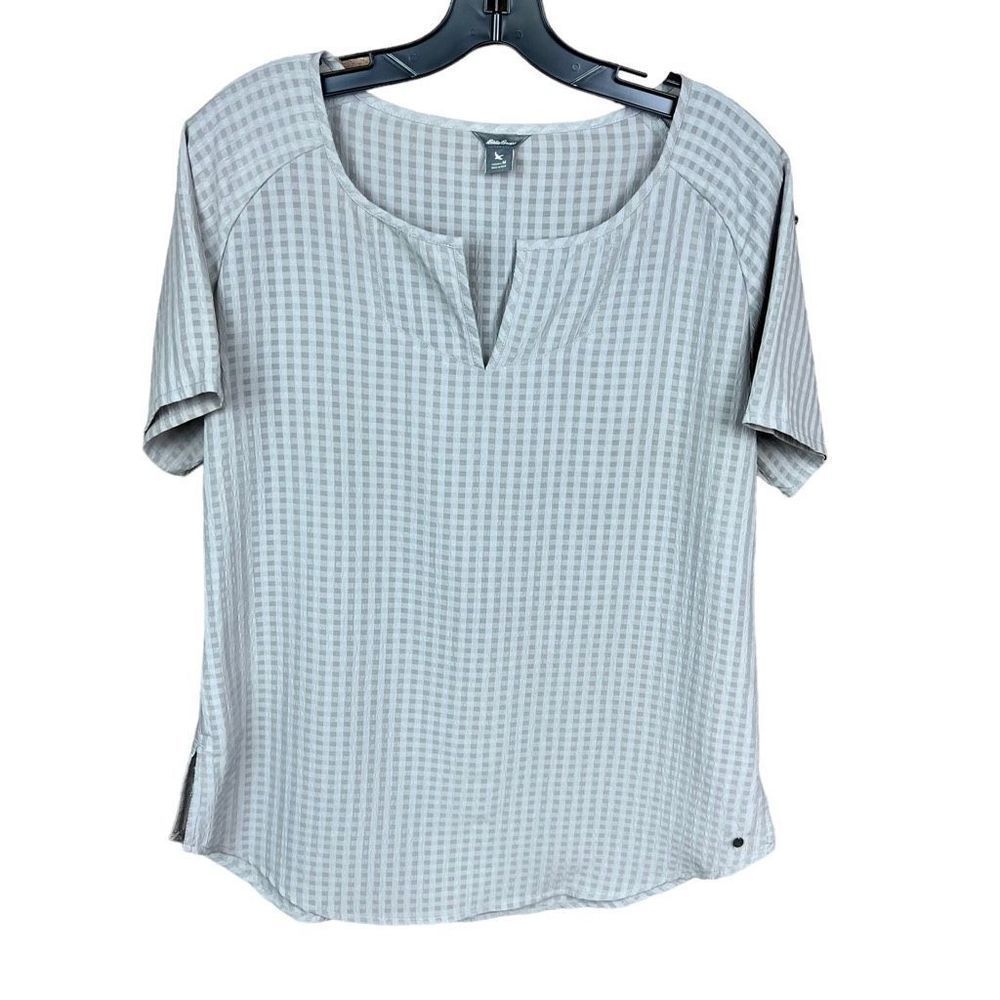 Eddie Bauer Top V Neck Grey Basket Weave Fabric Print Short Sleeve Medium